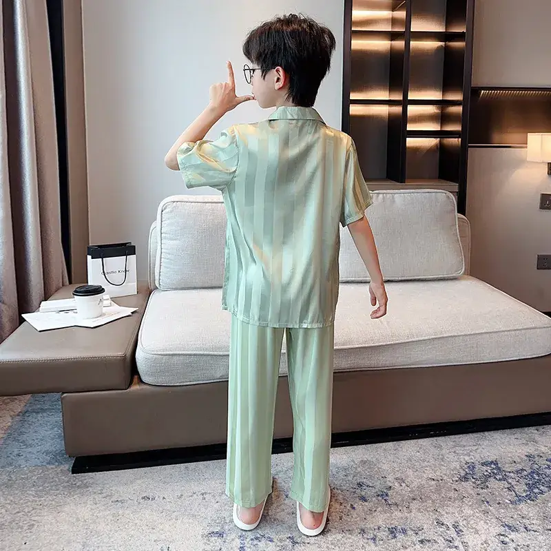 Children's Jacquard Striped Three-Piece Pajamas Summer Home Wear - Image 5