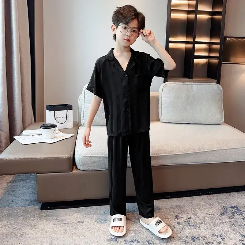 Children's Jacquard Striped Three-Piece Pajamas Summer Home Wear - Image 6
