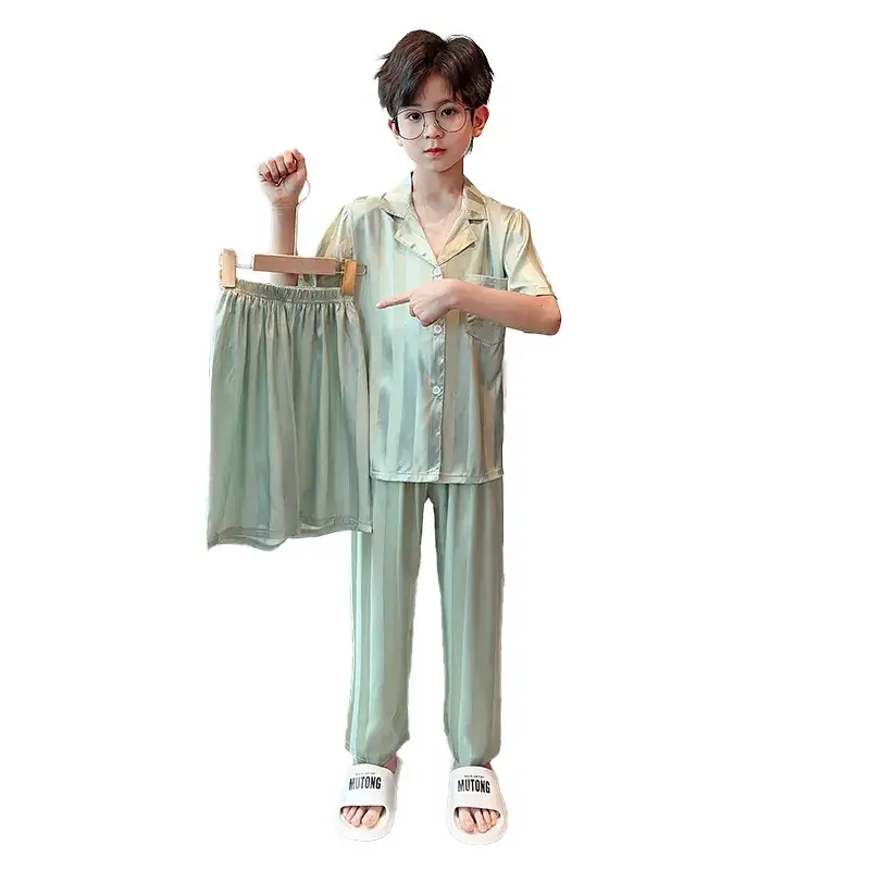 Children's Jacquard Striped Three-Piece Pajamas Summer Home Wear - Image 7