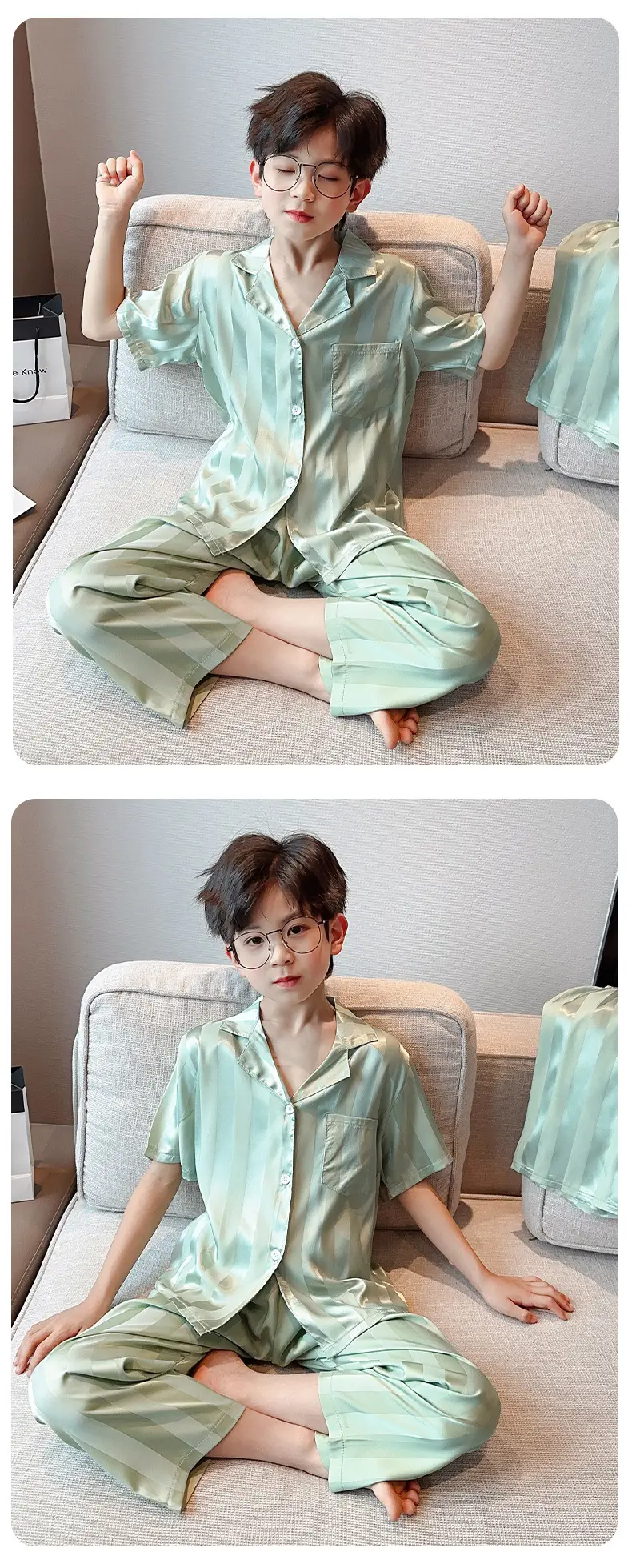Children's Jacquard Striped Three-Piece Pajamas Summer Home Wear — feature 10