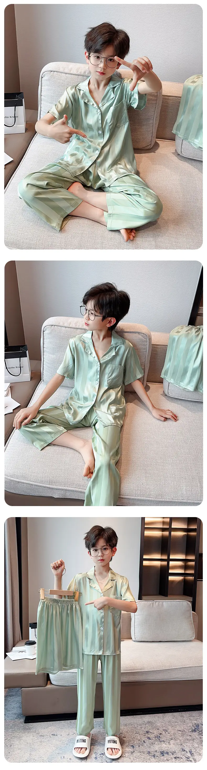 Children's Jacquard Striped Three-Piece Pajamas Summer Home Wear — feature 11