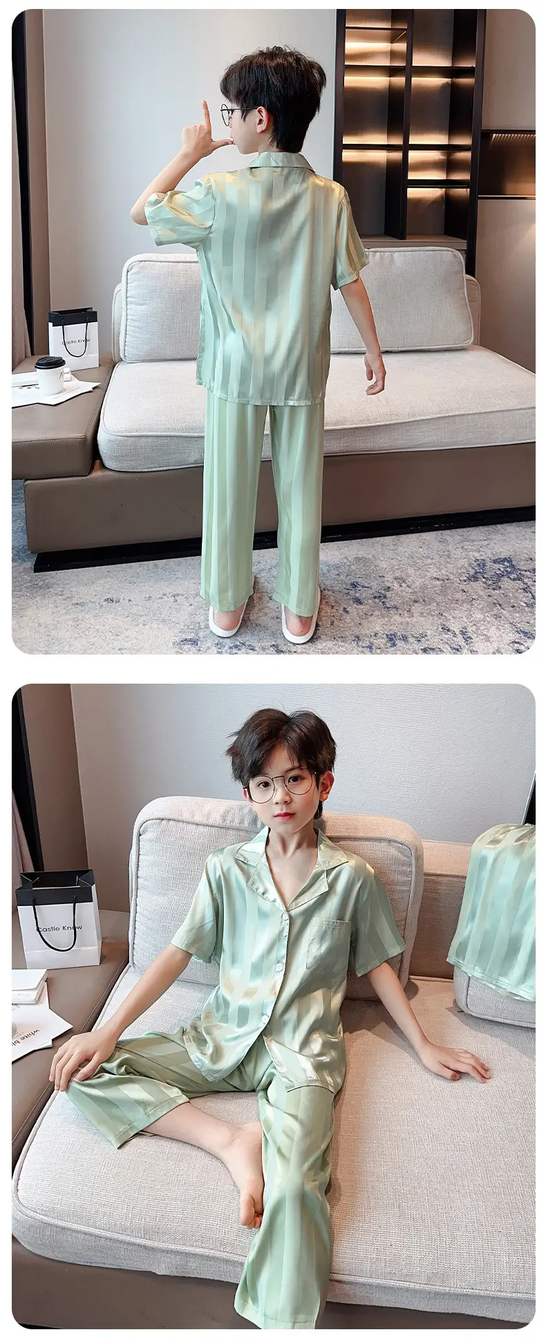 Children's Jacquard Striped Three-Piece Pajamas Summer Home Wear — feature 12
