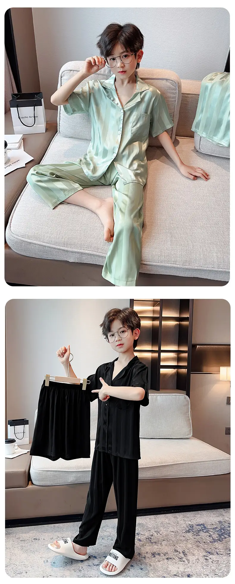 Children's Jacquard Striped Three-Piece Pajamas Summer Home Wear — feature 13