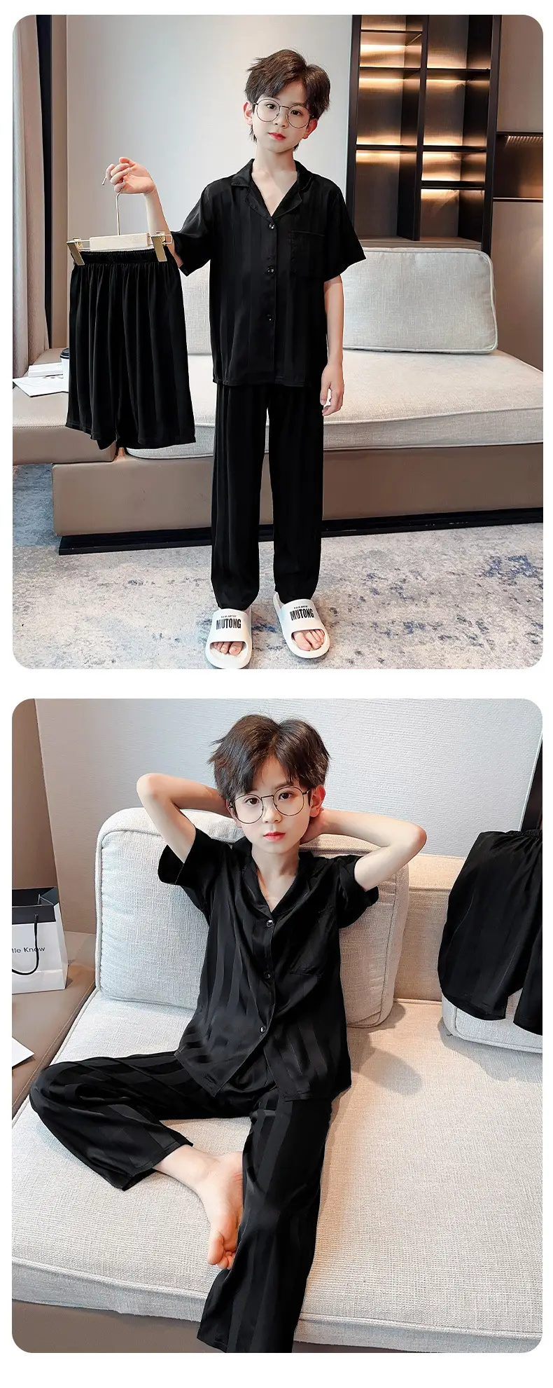 Children's Jacquard Striped Three-Piece Pajamas Summer Home Wear — feature 14