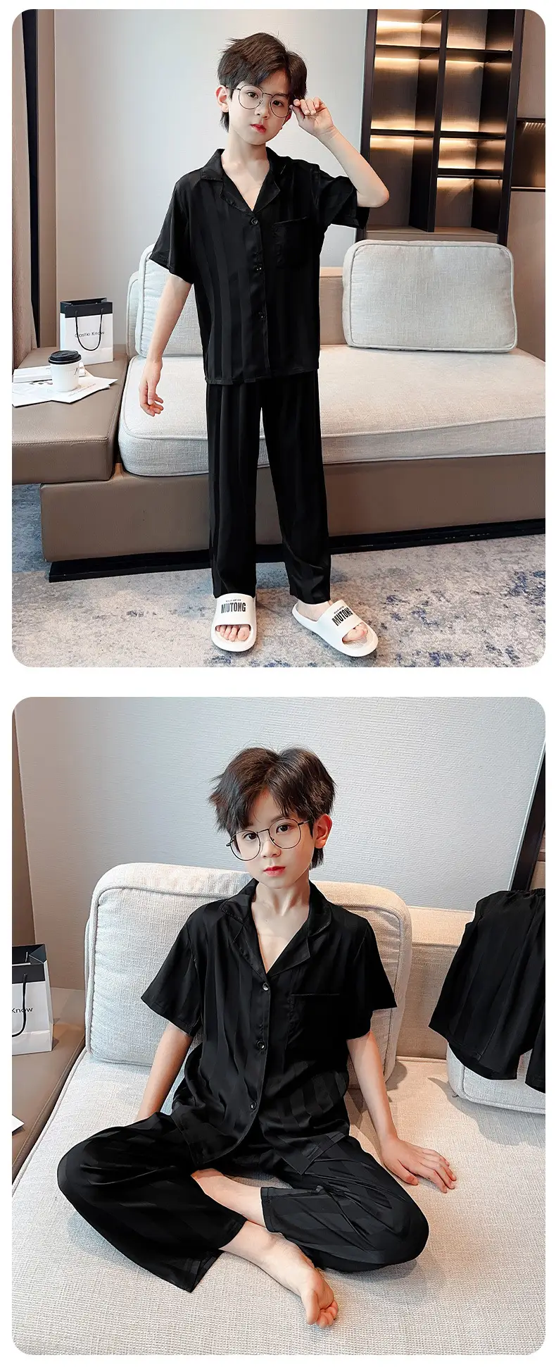 Children's Jacquard Striped Three-Piece Pajamas Summer Home Wear — feature 15