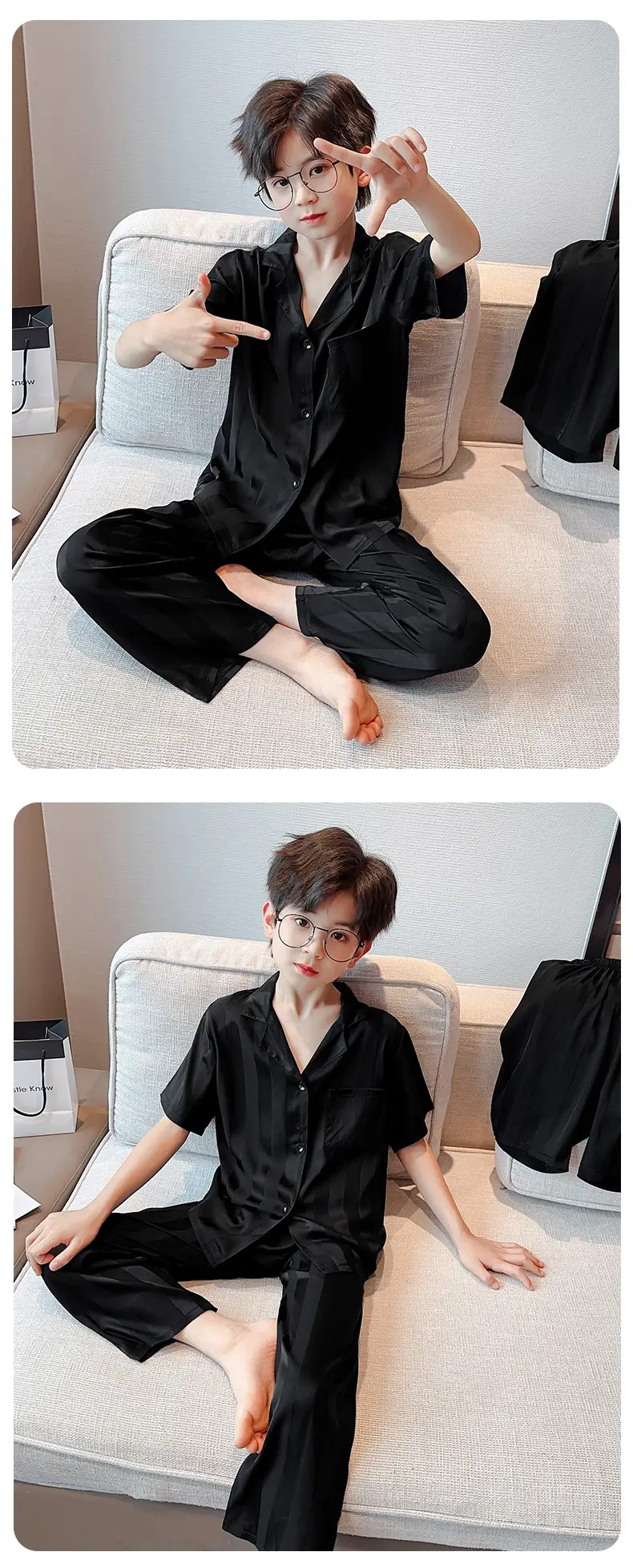 Children's Jacquard Striped Three-Piece Pajamas Summer Home Wear — feature 16