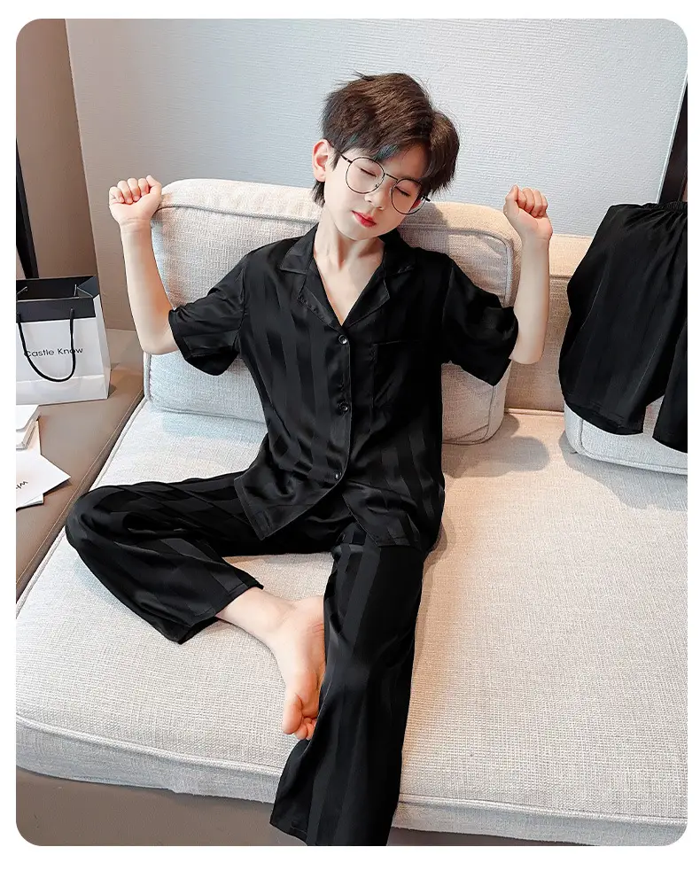 Children's Jacquard Striped Three-Piece Pajamas Summer Home Wear — feature 17