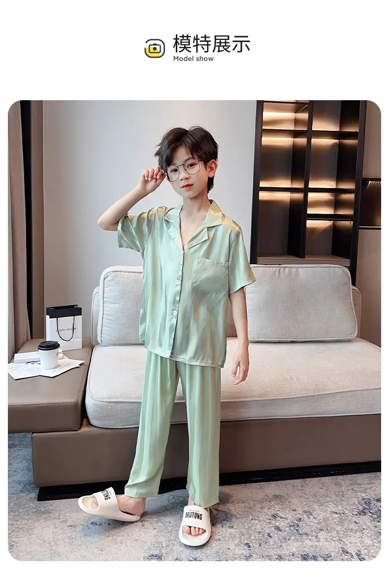 Children's Jacquard Striped Three-Piece Pajamas Summer Home Wear — feature 9