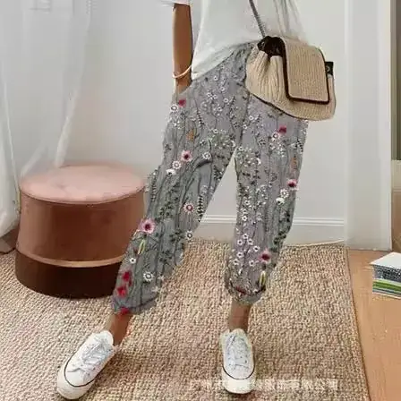 Women Printed Cotton Pants White Floral Casual 2023 - Image 6