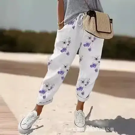 Women Printed Cotton Pants White Floral Casual 2023 - Image 7