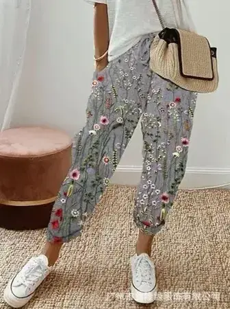Women Printed Cotton Pants White Floral Casual 2023 - Image 2