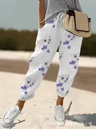Women Printed Cotton Pants White Floral Casual 2023 - Image 3