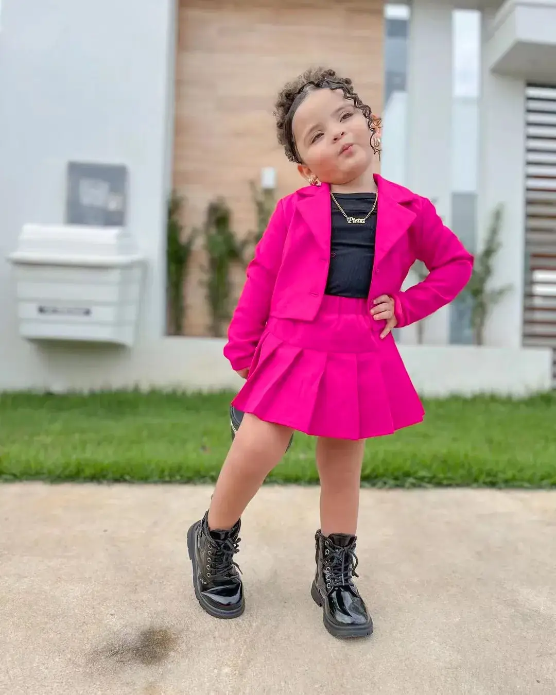 Young Girl Pink Skirted Jacket & Boots Set