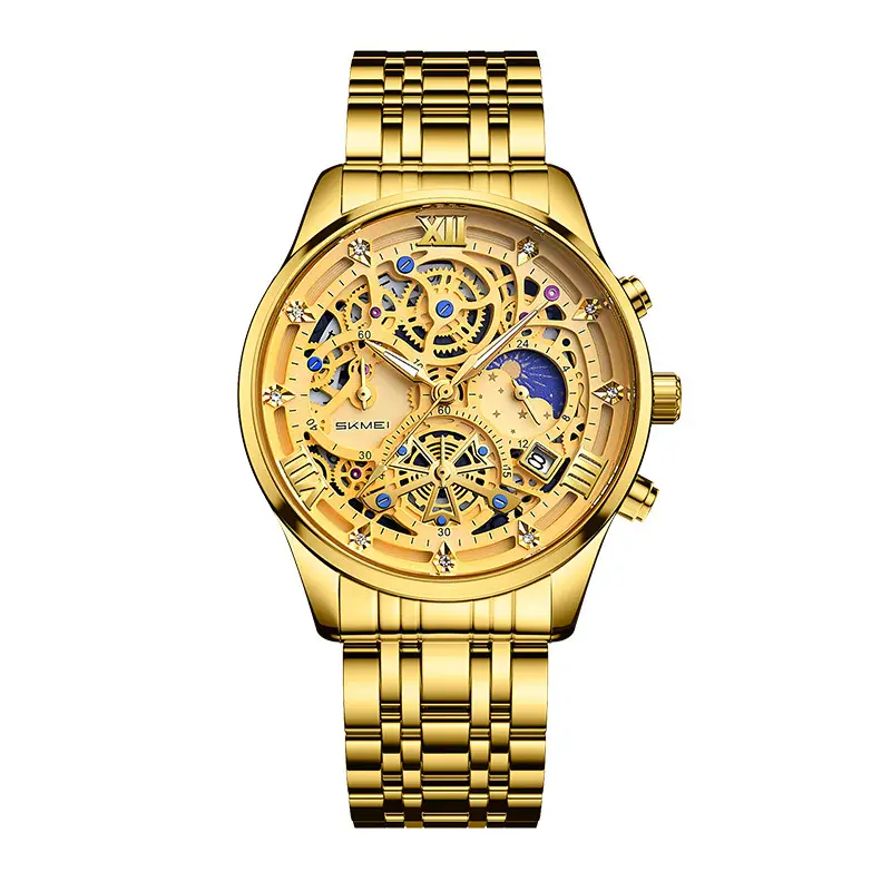Men's Skeleton Star & Moon Quartz Watch Waterproof Black Strap - Image 9