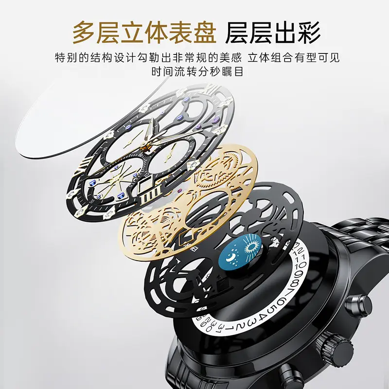 Men's Skeleton Star & Moon Quartz Watch Waterproof Black Strap — feature 11