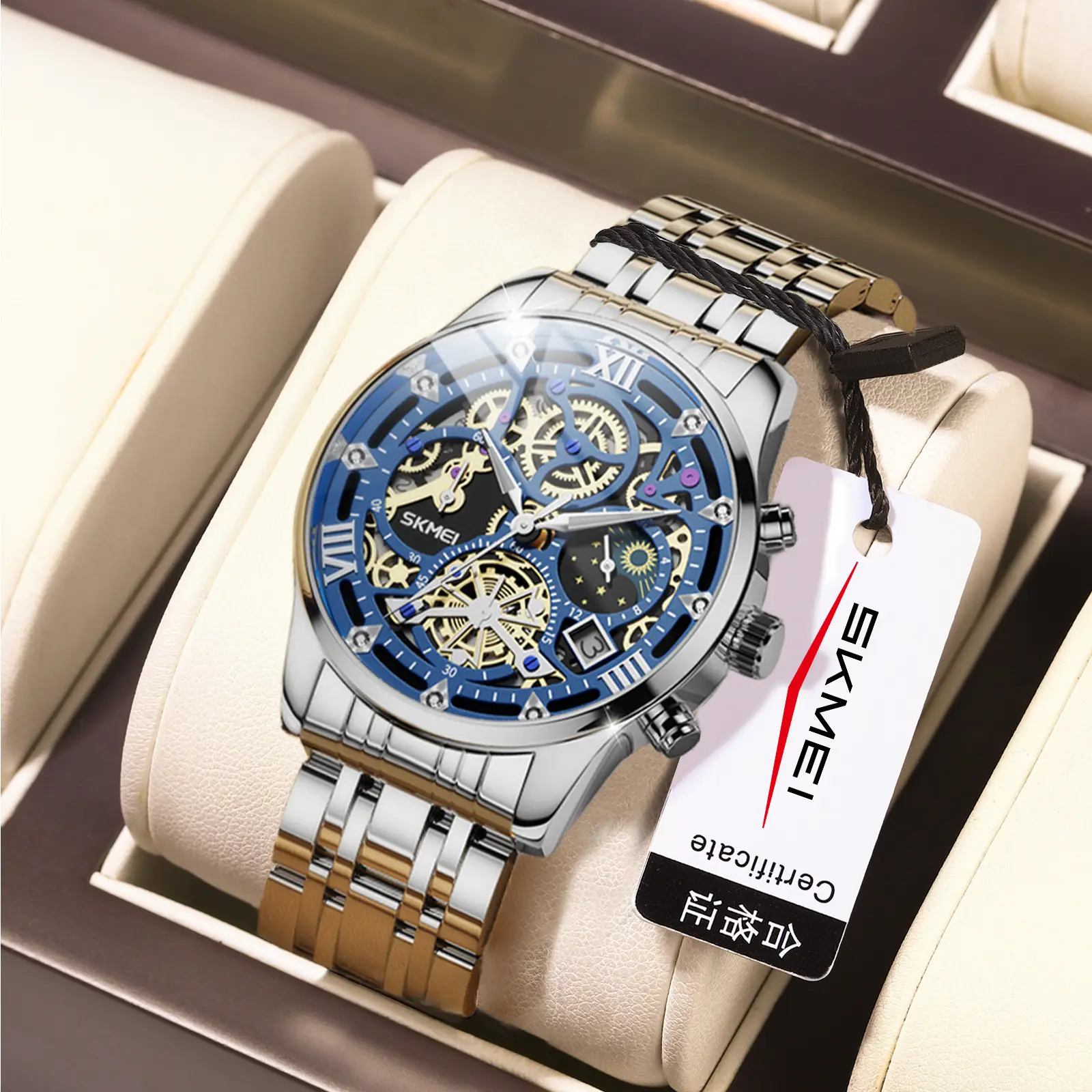 Men's Skeleton Star & Moon Quartz Watch Waterproof Black Strap - Image 3