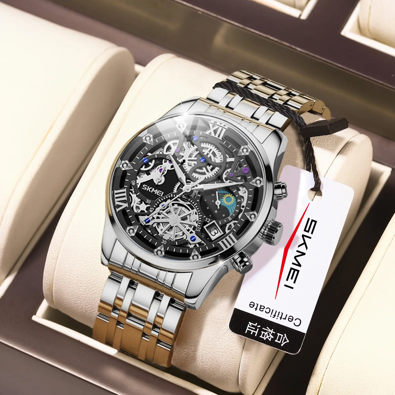 Men's Skeleton Star & Moon Quartz Watch Waterproof Black Strap - Image 4
