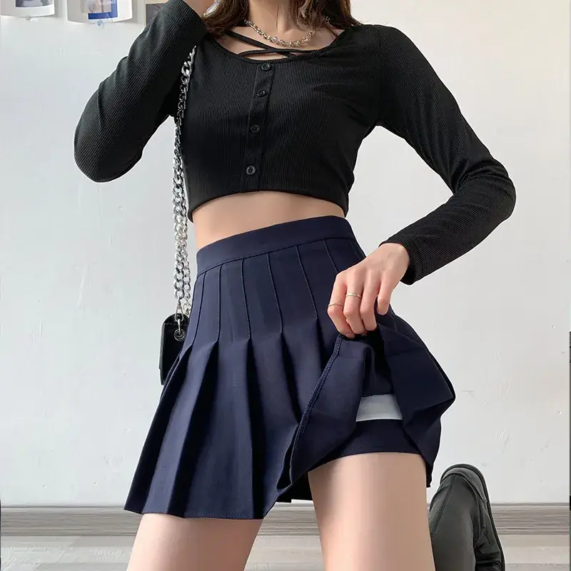 Women Pleated Skirt Set Navy Blue Anti-Wrinkle Spring Fall - Image 24