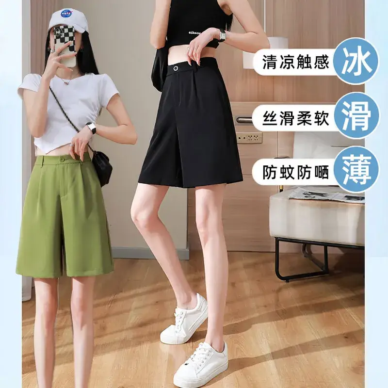 Black Ice Silk Five-Piece Shorts Women Summer Loose Wide Leg High Waist - Image 6
