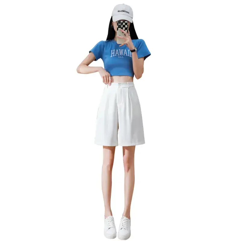 Black Ice Silk Five-Piece Shorts Women Summer Loose Wide Leg High Waist - Image 9