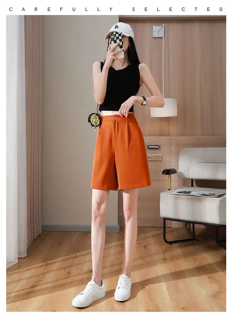 Black Ice Silk Five-Piece Shorts Women Summer Loose Wide Leg High Waist — feature 12