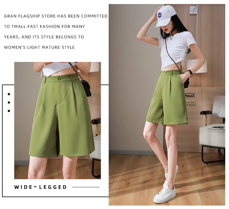 Black Ice Silk Five-Piece Shorts Women Summer Loose Wide Leg High Waist — feature 13