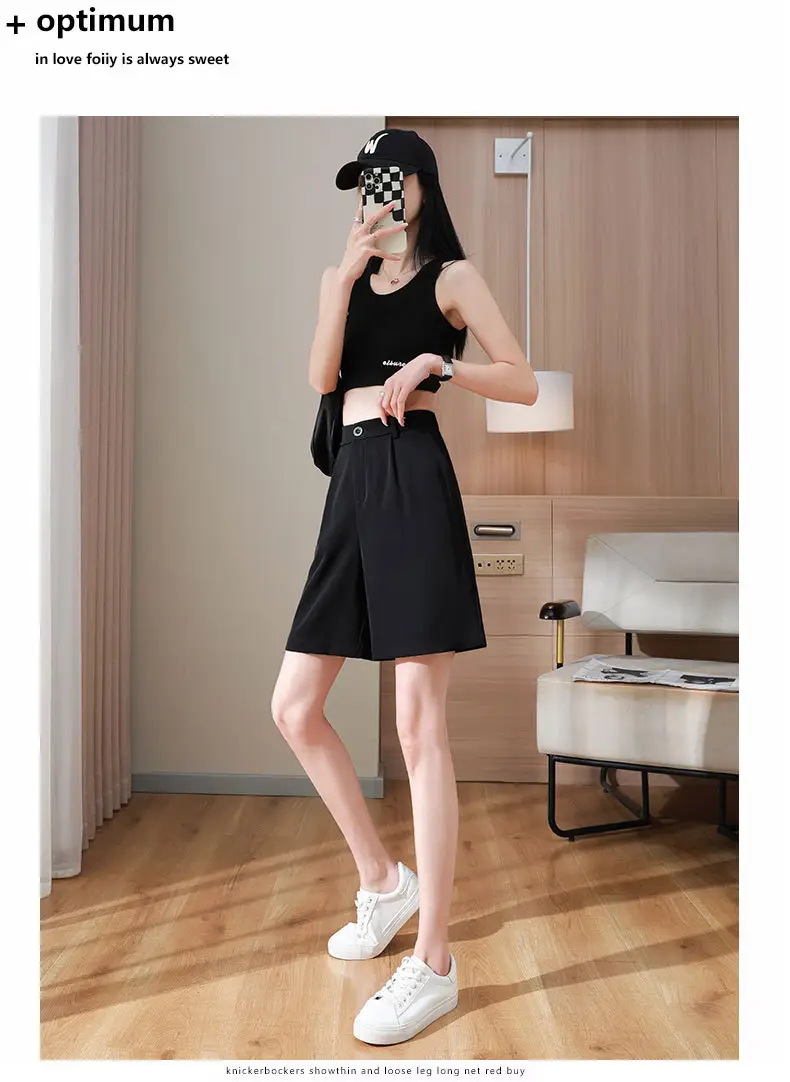 Black Ice Silk Five-Piece Shorts Women Summer Loose Wide Leg High Waist — feature 15