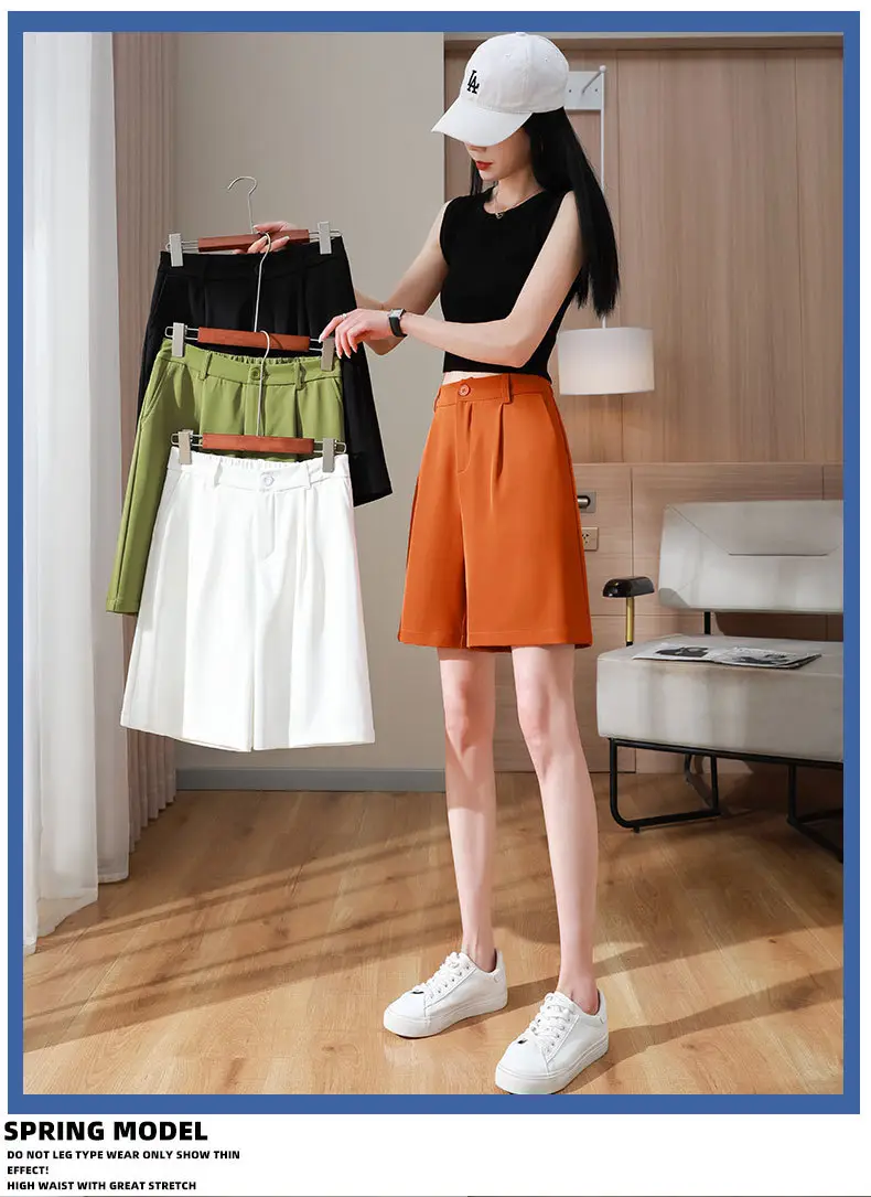 Black Ice Silk Five-Piece Shorts Women Summer Loose Wide Leg High Waist — feature 16