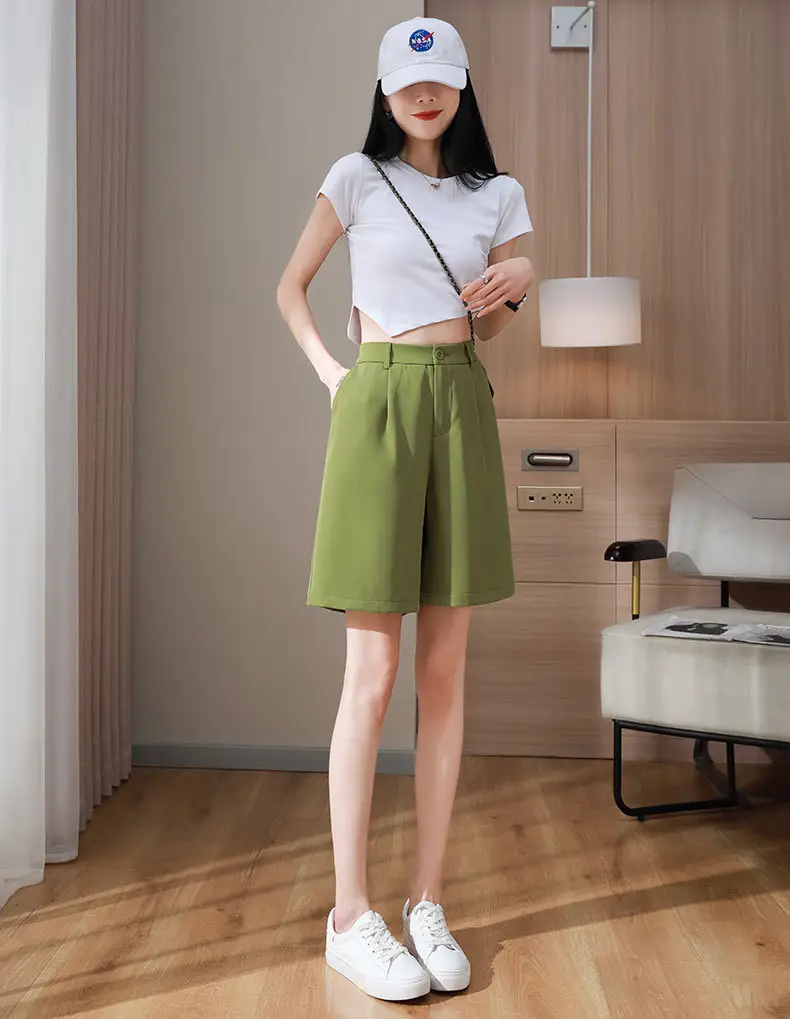 Black Ice Silk Five-Piece Shorts Women Summer Loose Wide Leg High Waist — feature 17