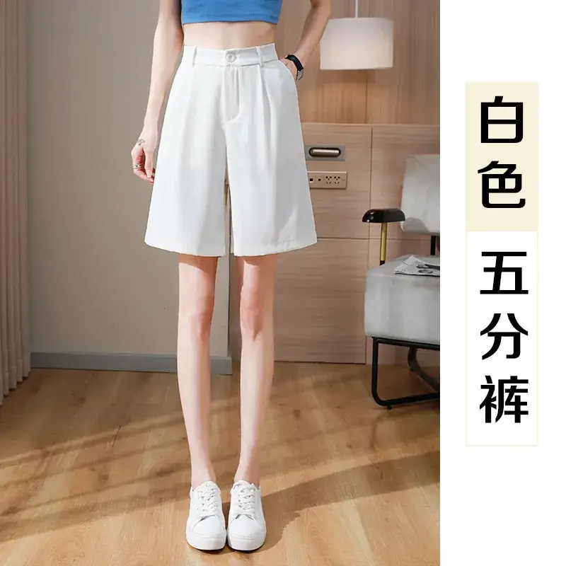 Black Ice Silk Five-Piece Shorts Women Summer Loose Wide Leg High Waist - Image 2
