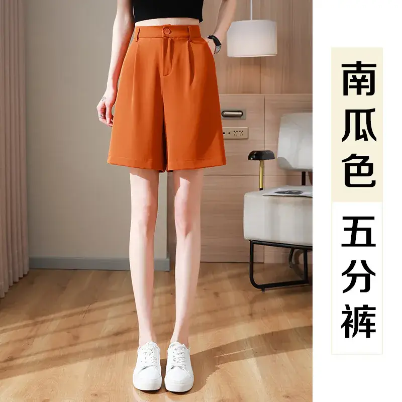 Black Ice Silk Five-Piece Shorts Women Summer Loose Wide Leg High Waist - Image 3
