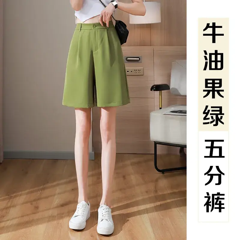 Black Ice Silk Five-Piece Shorts Women Summer Loose Wide Leg High Waist - Image 4