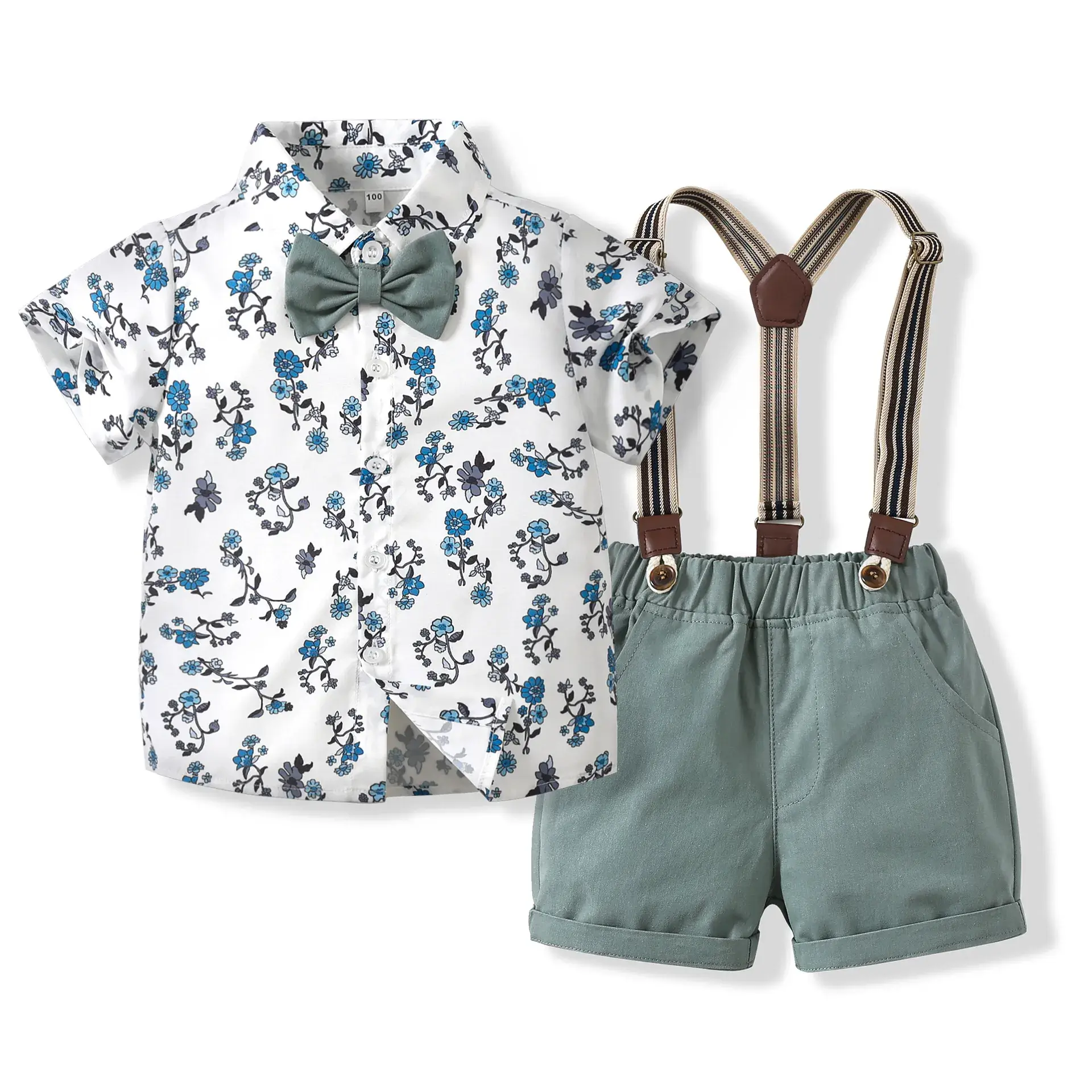 Boys Floral Shirt & Strap Shorts Set Blue White - Image 2