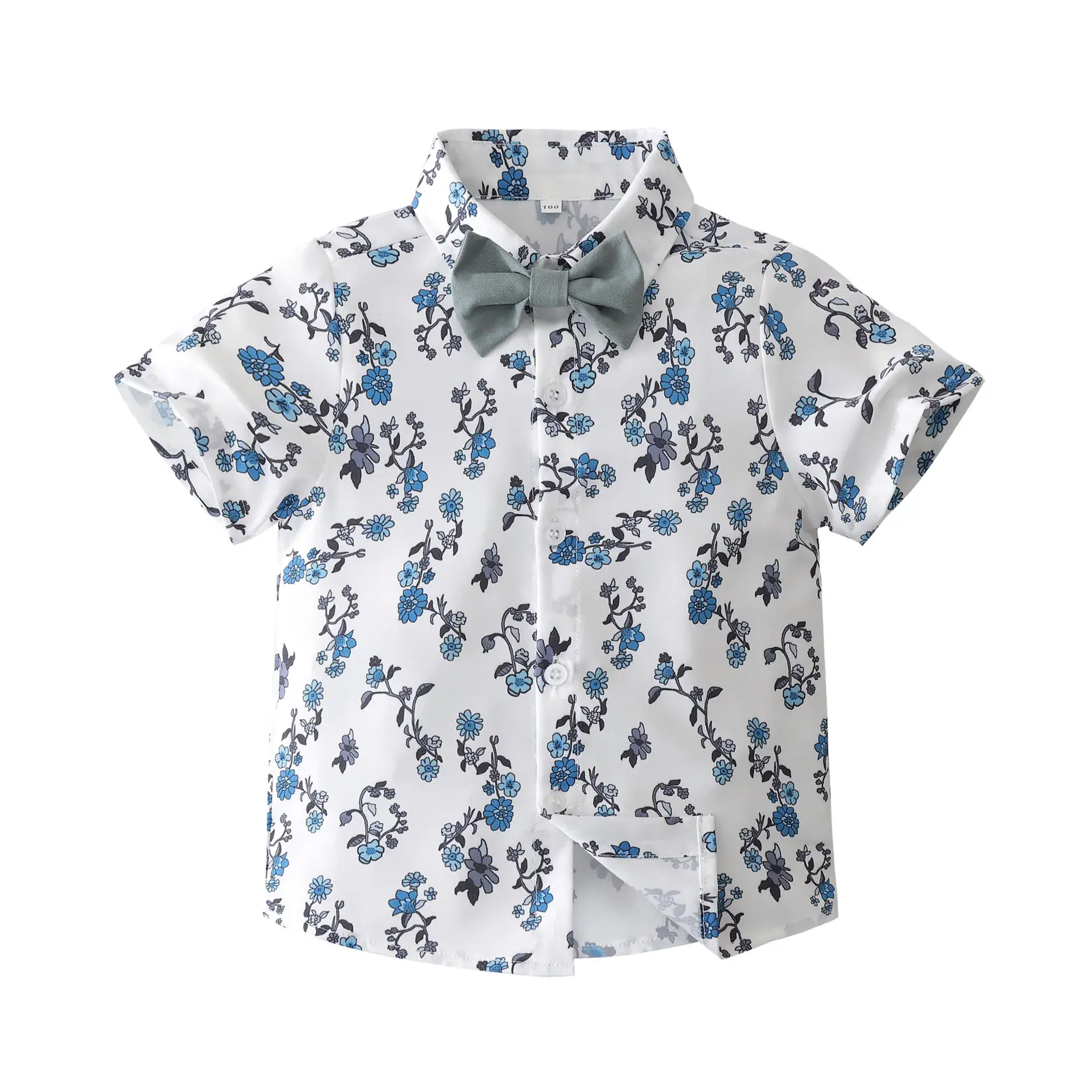 Boys Floral Shirt & Strap Shorts Set Blue White - Image 3
