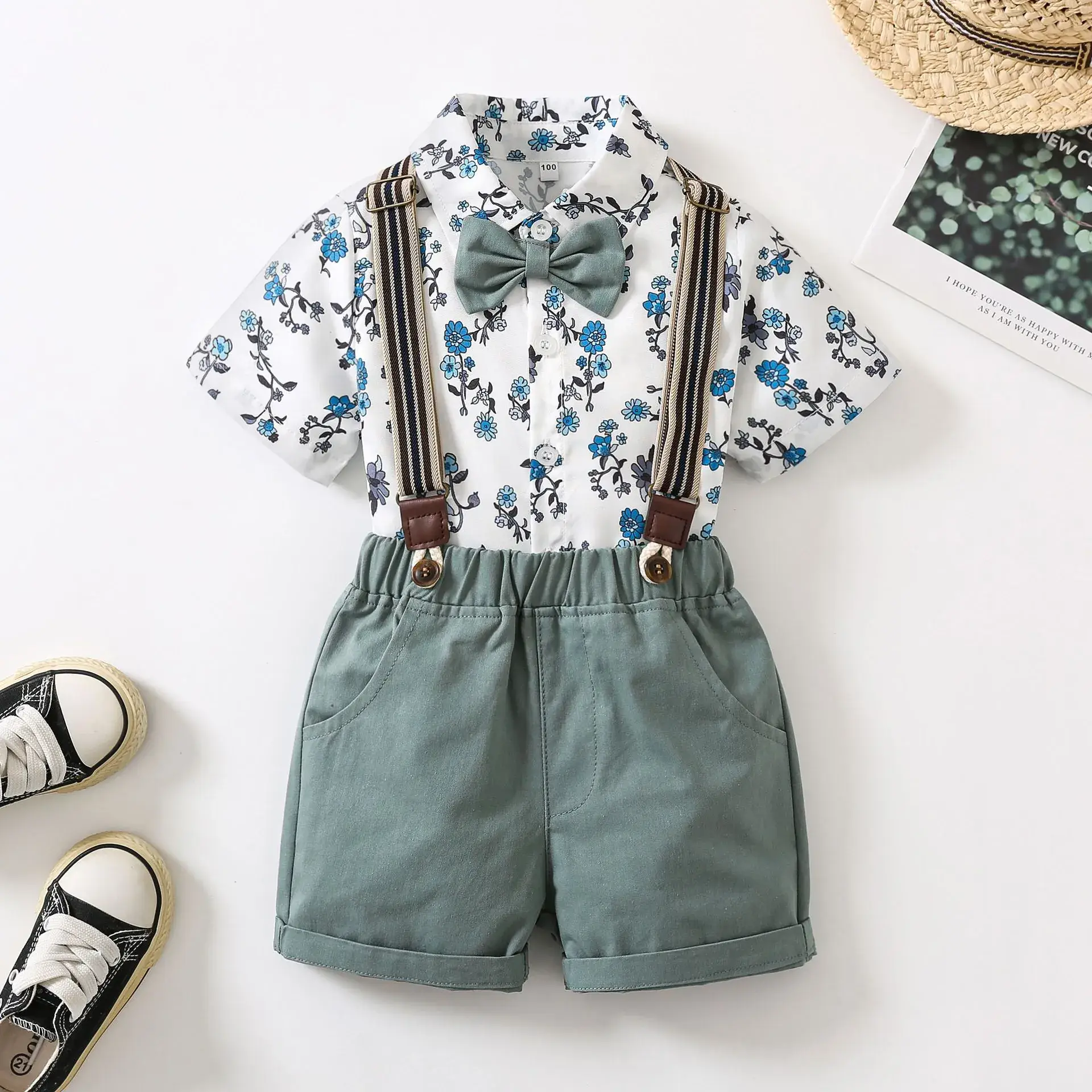 Boys Floral Shirt & Strap Shorts Set Blue White - Image 4