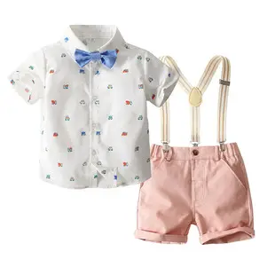 Boys Floral Shirt & Strap Shorts Set Blue White — feature 2
