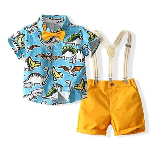 Boys Floral Shirt & Strap Shorts Set Blue White — feature 5