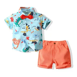 Boys Floral Shirt & Strap Shorts Set Blue White — feature 6