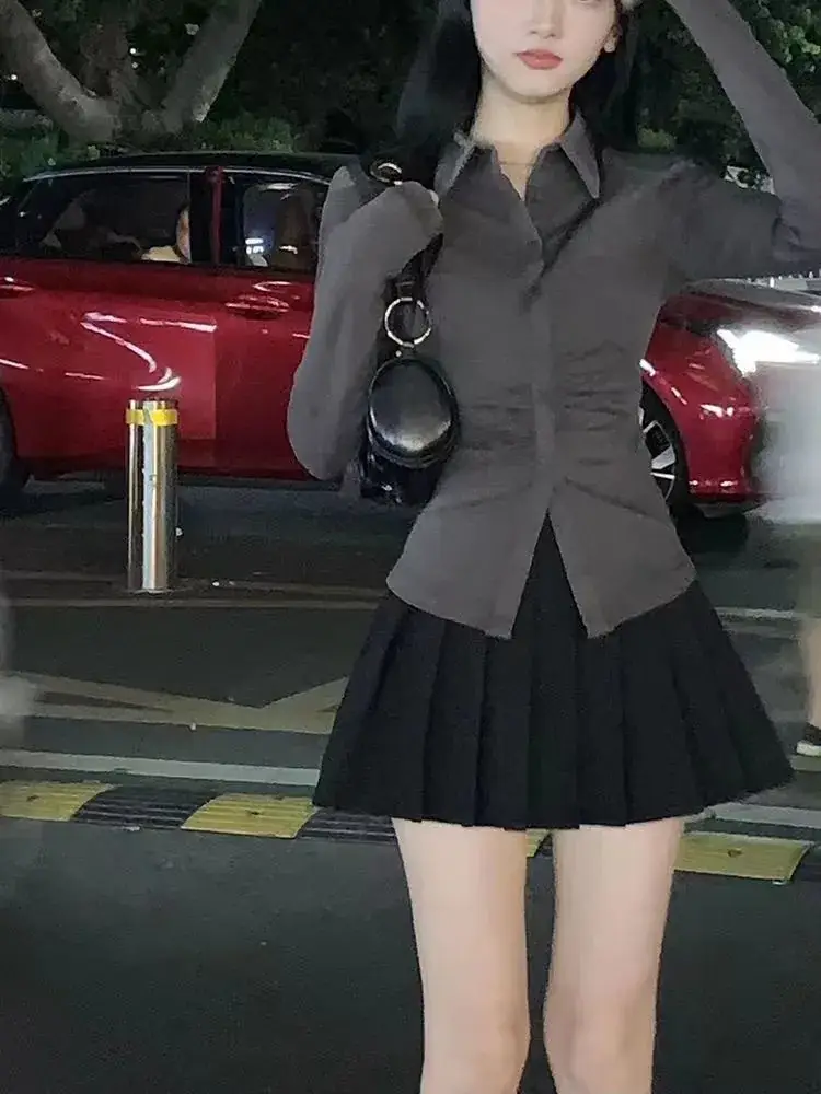 Women's Waist Tight Pleated Shirt with Long Sleeve - Image 5