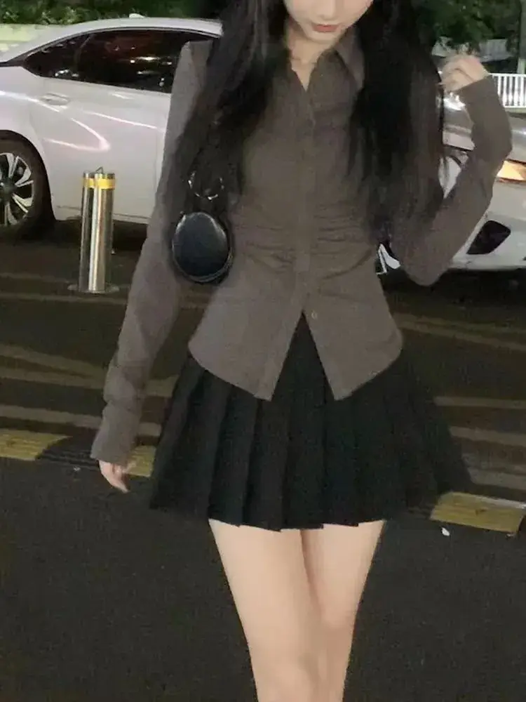 Women's Waist Tight Pleated Shirt with Long Sleeve - Image 6