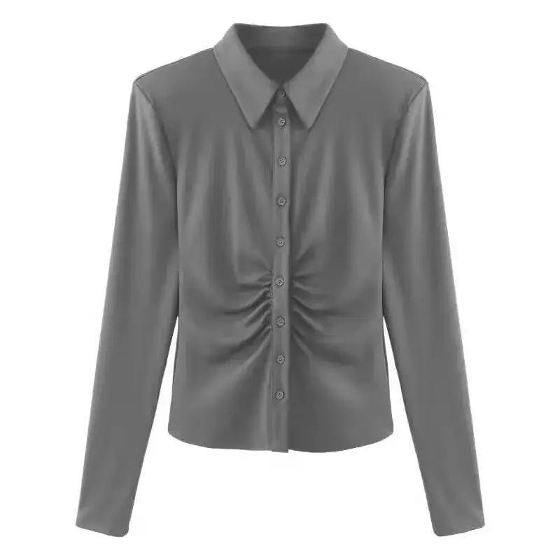 Women's Waist Tight Pleated Shirt with Long Sleeve - Image 7