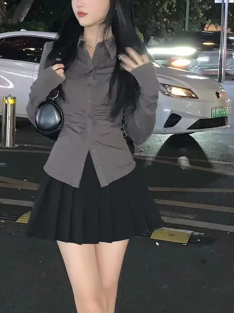 Women's Waist Tight Pleated Shirt with Long Sleeve — feature 5