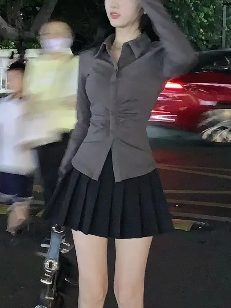 Women's Waist Tight Pleated Shirt with Long Sleeve — feature 6