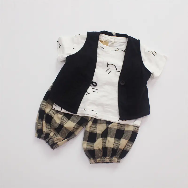 Kids Korean Short Sleeve T-Shirt Set with Plaid Pants