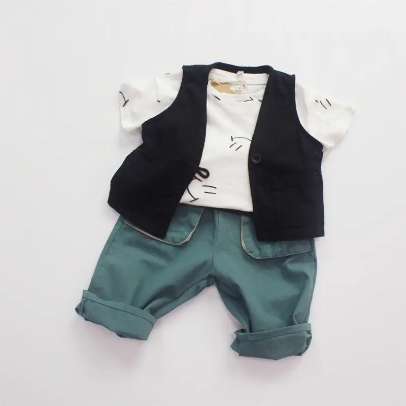 Kids Korean Short Sleeve T-Shirt Set with Plaid Pants