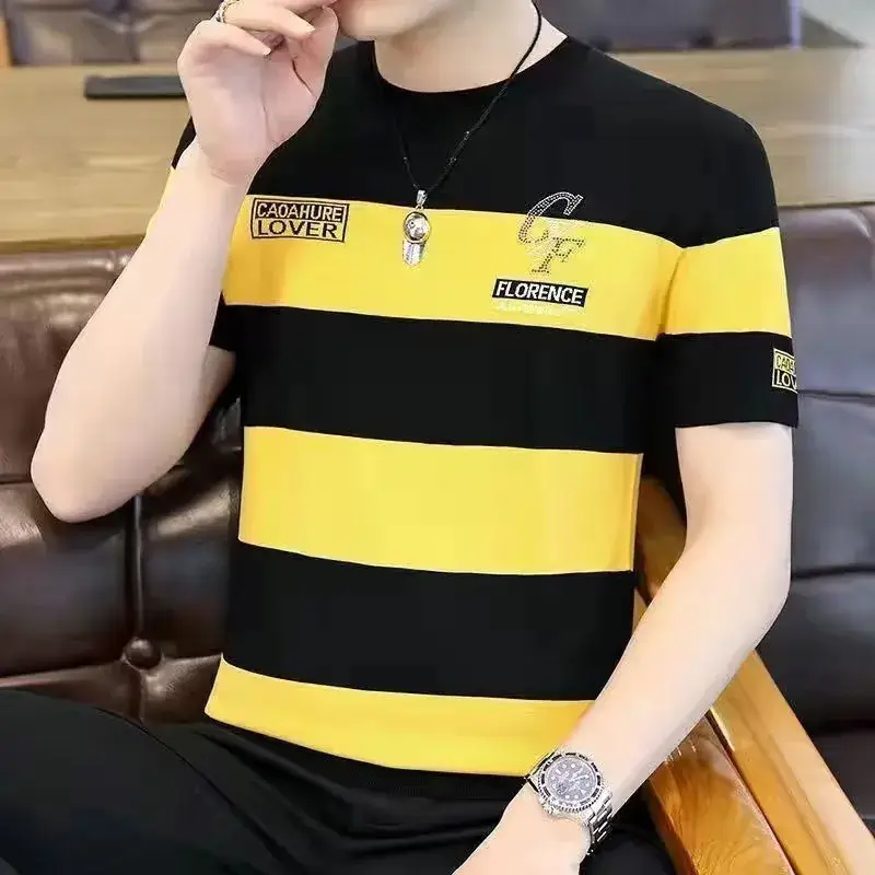 Men Striped T-Shirt Green White Korean Style - Image 7