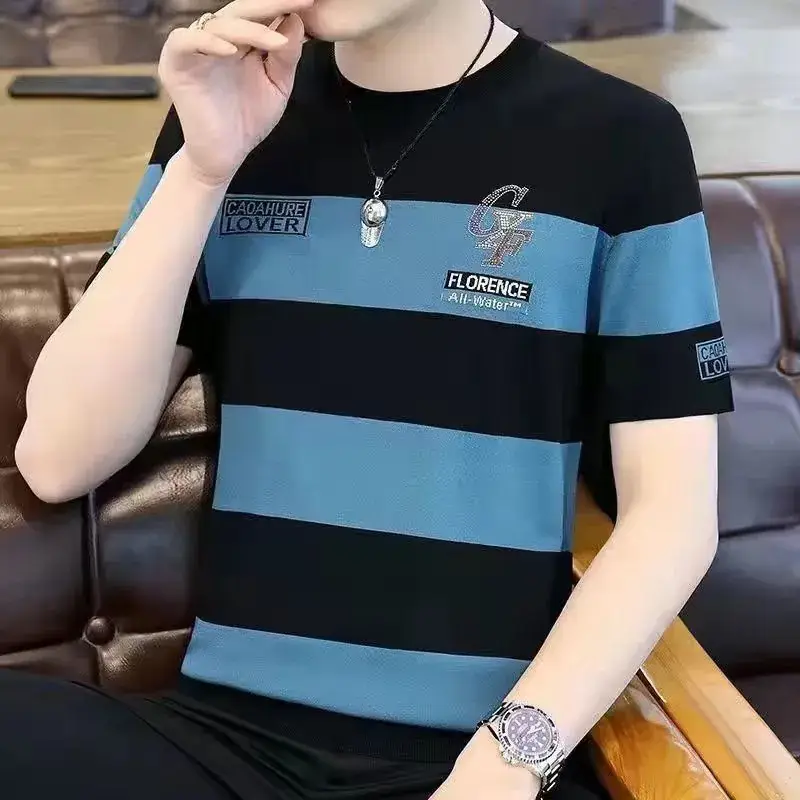 Men Striped T-Shirt Green White Korean Style - Image 9