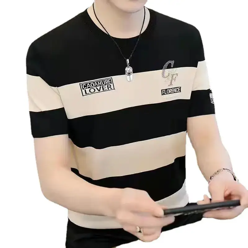 Men Striped T-Shirt Green White Korean Style - Image 11