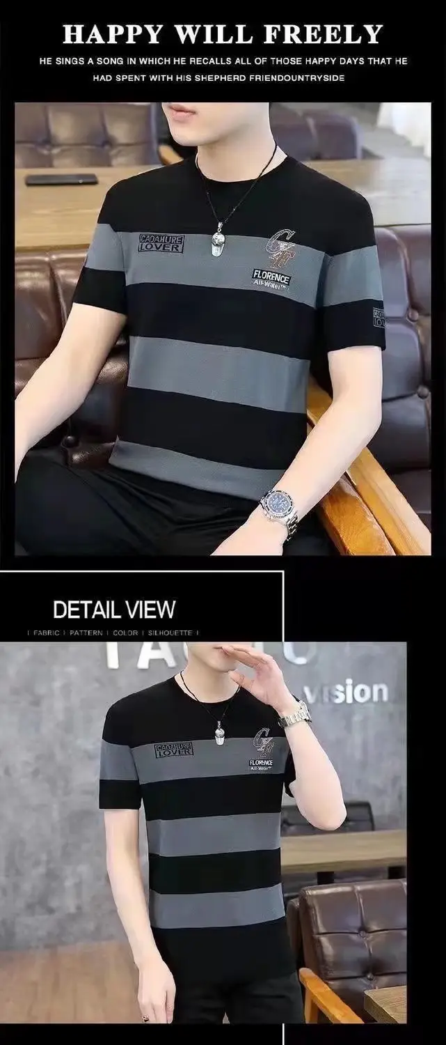 Men Striped T-Shirt Green White Korean Style — feature 11
