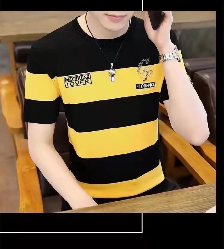 Men Striped T-Shirt Green White Korean Style — feature 8